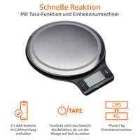 Cântar de bucătărie digital Amazon Basics cu afișaj LCD, oțel inoxidabil, fără BPA, max. 5 kg, negru, baterii incluse 6