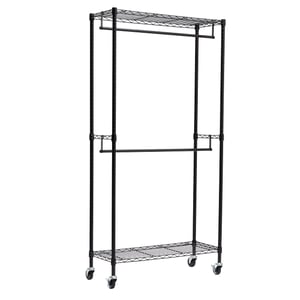 Raft dublu pentru haine Amazon Basics cu roți, polițe reglabile pe înălțime, metal negru, capacitate max. 181 kg, 91x35,5x183 cm, pentru dormitor și hol
