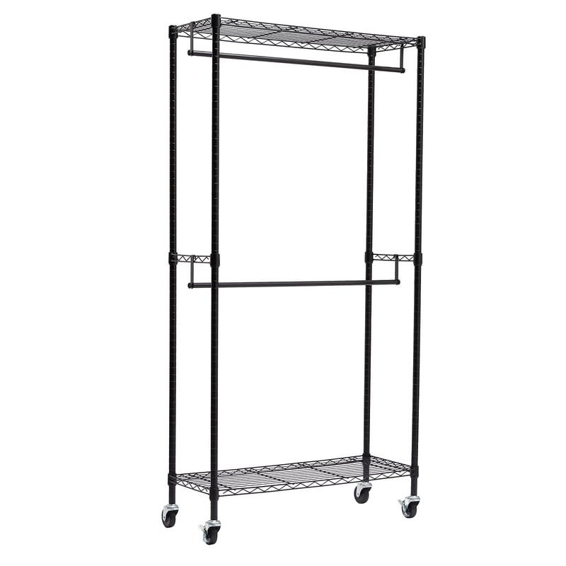 Raft dublu pentru haine Amazon Basics cu roți, polițe reglabile pe înălțime, metal negru, capacitate max. 181 kg, 91x35,5x183 cm, pentru dormitor și hol