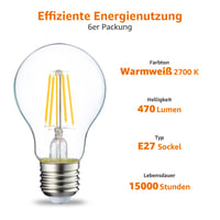 LED žiarovka Amazon Basics E27, 4,3 W (ekvivalent 40 W), teplá biela, 2700 K, číre vlákno, nestmievateľná, 6 ks 3