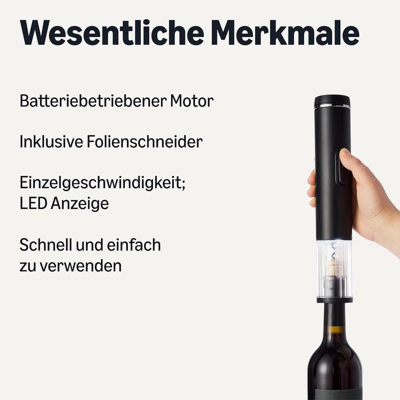 Amazon Basics Elektromos Borvinyónyitó LED Kijelzővel és Fóliavágtóval, Vezeték Nélküli