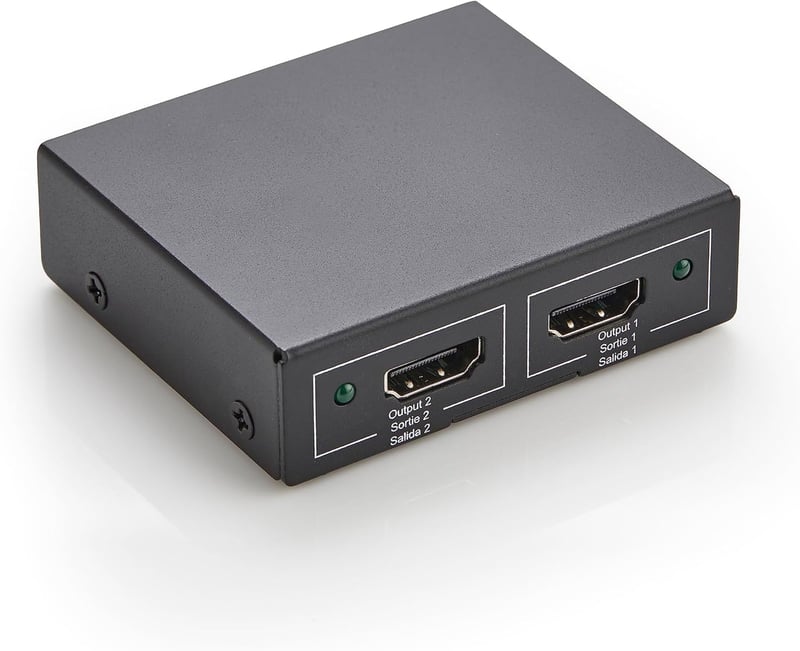 Amazon Basics HDMI splitter 1 bemenet 2 kimenet, 4K 30 Hz, tükrözés, 1 m USB-A–DC kábellel - fekete