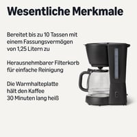 Amazon Basics Kávéfőző 1,25L Üveg Kancsóval, 10 Csésze, 1000W, Fekete 2