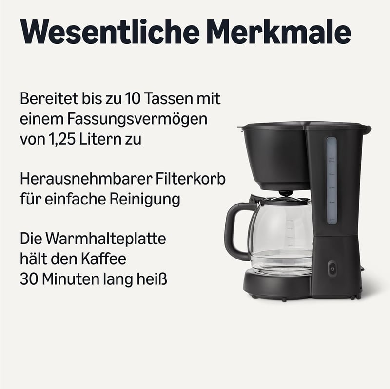 Amazon Basics Kávéfőző 1,25L Üveg Kancsóval, 10 Csésze, 1000W, Fekete