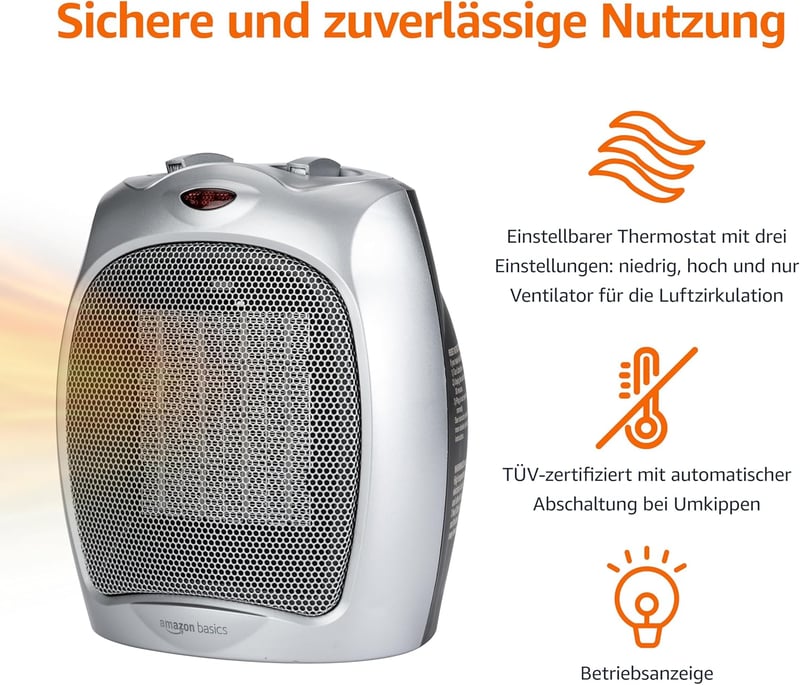 Amazon Basics Kerámia Segédradiátor 1800W Szabályozható Termosztáttal Ezüst