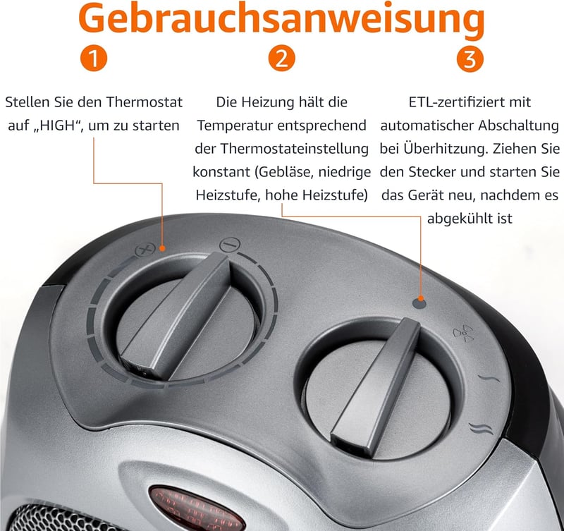 Amazon Basics Kerámia Segédradiátor 1800W Szabályozható Termosztáttal Ezüst