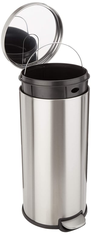 Coș de gunoi Amazon Basics de 30 litri, rotund, din oțel inoxidabil, cu capac cu închidere lentă (soft-close), cilindric — carcasă ușor îndoită (stare: vezi a 2-a fotografie)