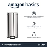 Amazon Basics Kerek Hengeres Szemetes Soft-Close Funkcióval, Rozsdamentes Acél, 30 L 2
