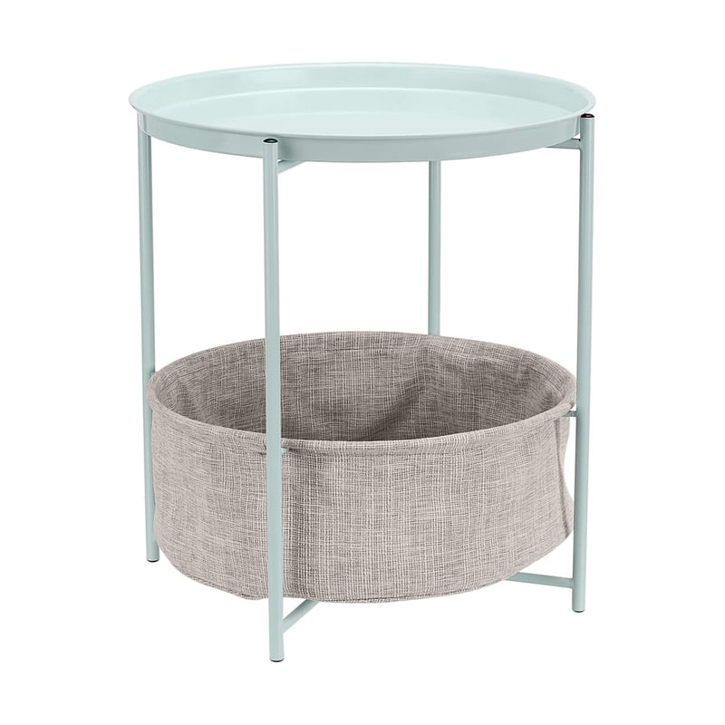 Măsuță rotundă Amazon Basics cu spațiu de depozitare, material textil verde mentă și gri melanj, 44,96 x 48 cm, poate fi folosită și ca noptieră
