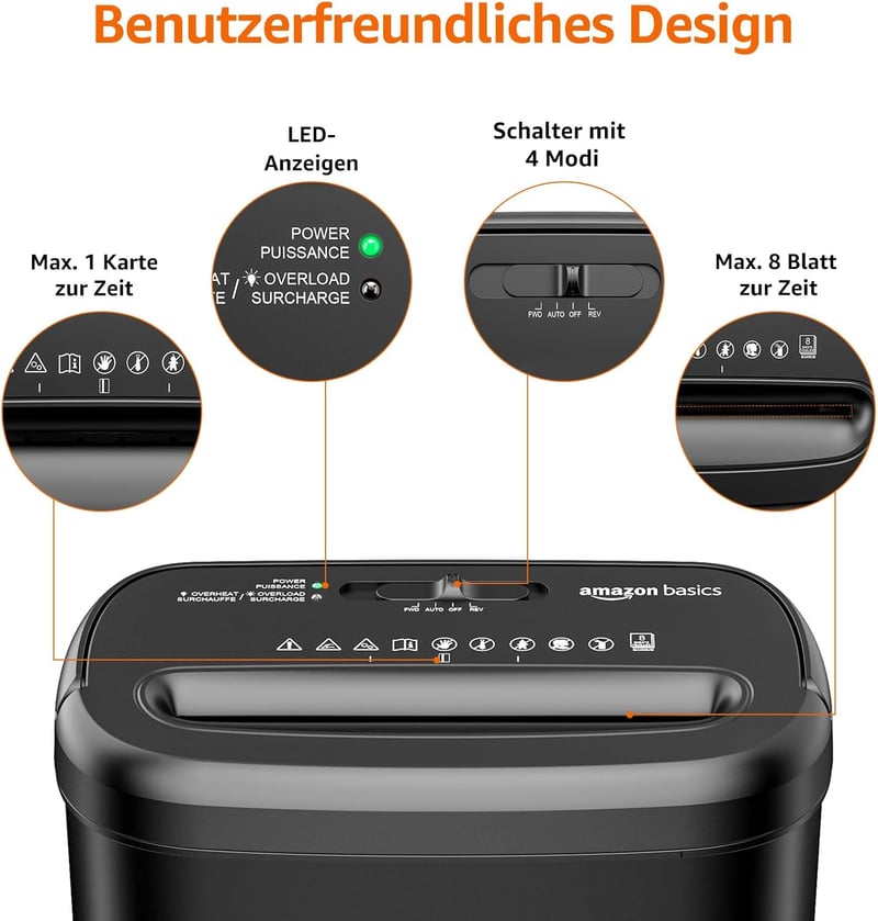 Amazon Basics Keresztmetszeti Papírmegsemmisítő 8 Lap Kapacitás Bankkártyához - 8 sheet (new model), black, Cross-cut