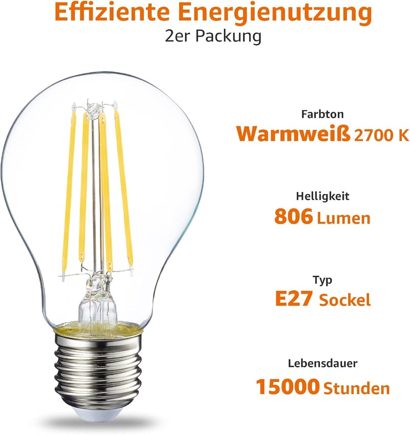 Amazon Basics LED izzó E27 7W meleg fehér filament 2db csomag - 2er-Pack