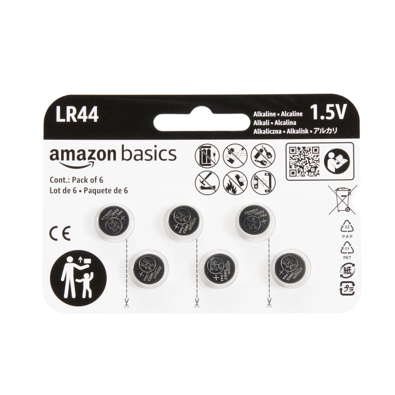 Alkalické gombíkové batérie Amazon Basics LR44 1,5 V, bez obsahu ortuti, balenie 6 ks, s dlhou životnosťou