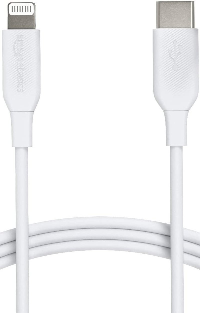 Opletený nylonový USB-C Lightning kábel Amazon Basics s certifikáciou MFi pre iPhone 12, 11, X, XR, biely, 0,9 m, podpora nabíjania Power Delivery