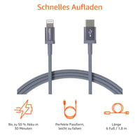 Nabíjací kábel Amazon Basics USB-C na Lightning s certifikáciou MFi, opletený nylonom, pre iPhone 13/12/11/X/XS/XR/8, 1,8 m, tmavosivý 4