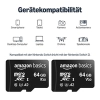 Pamäťová karta microSDXC Amazon Basics s adaptérom, A2, U3, 64 GB, rýchlosť čítania 100 MB/s, čierna, balenie 2 ks 3