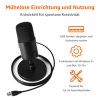 Mini USB kondenzátorový mikrofón Amazon Basics na streamovanie, hranie hier a podcasting, s kardioidnou charakteristikou, čierny 3