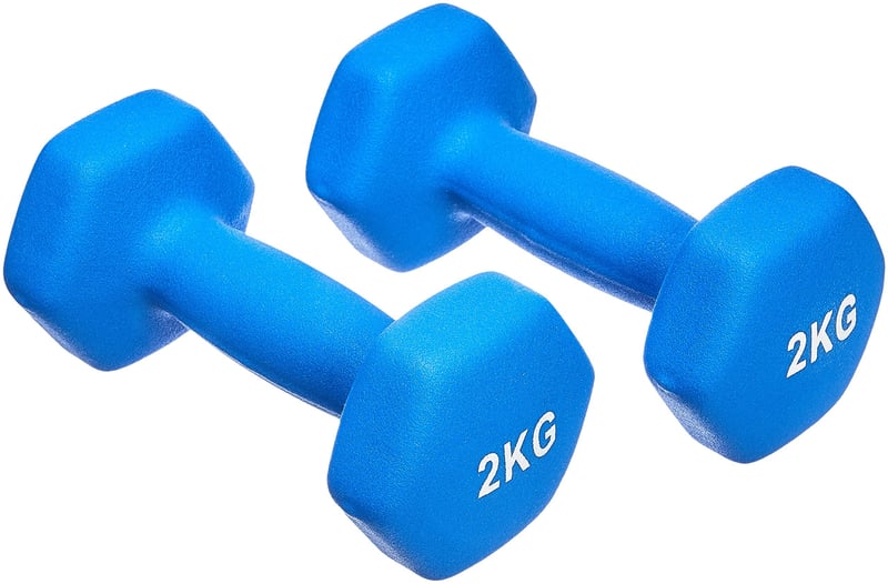 Set de gantere din neopren Amazon Basics, 2x2 kg, hexagonale, albastre, pentru antrenament de forță și cursuri de fitness