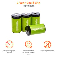 Nabíjateľné NiMH batérie Amazon Basics typu D (veľké mono), 10 000 mAh, 4 ks, až 1000 nabíjacích cyklov, prednabité 4