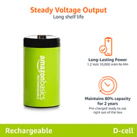 Nabíjateľné NiMH batérie Amazon Basics typu D (veľké mono), 10 000 mAh, 4 ks, až 1000 nabíjacích cyklov, prednabité 3