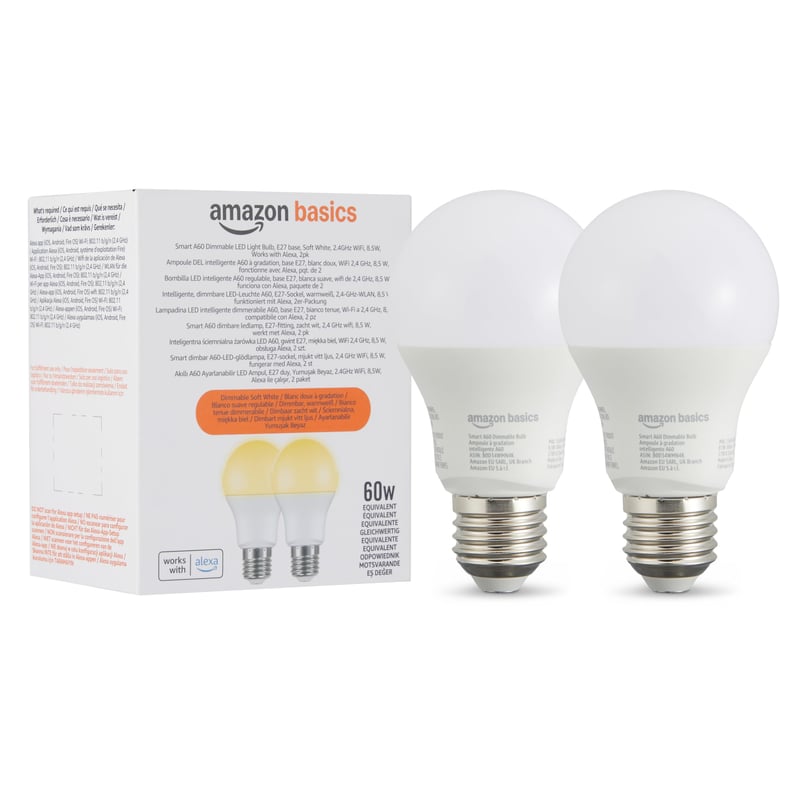 Amazon Basics pametna LED žarulja E27 s mogućnošću prigušivanja, toplo bijela, 8W (60W), kompatibilna s Alexom, 2 kom.