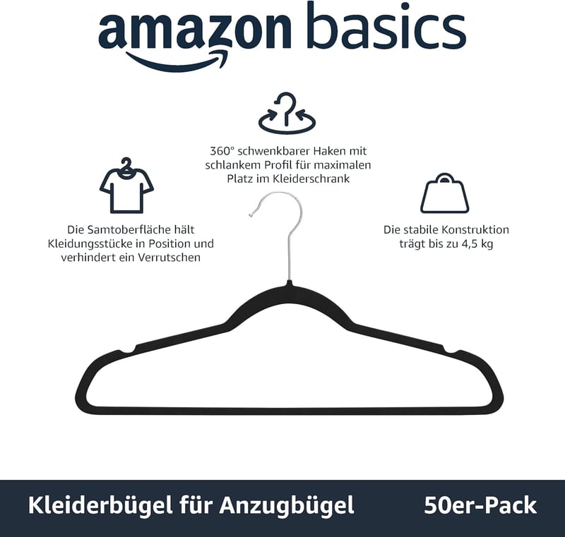 Amazon Basics Öltöny és Ruhaakasztó Szett - Pack of 50, Black, Without tie clip