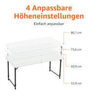 Skladací stôl Amazon Basics, biely, výškovo nastaviteľný do 4 polôh, prenosný, na kempovanie a piknik, do interiéru aj exteriéru, 121,4 x 60,7 x 86,1 cm 3