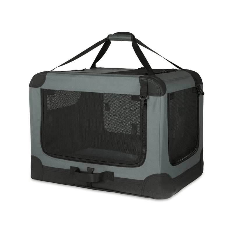 Amazon Basics sklopivi putni kavez s 4 vrata za pse, mačke, kuniće i kućne ljubimce, siva, veličina M 76x54x54 cm