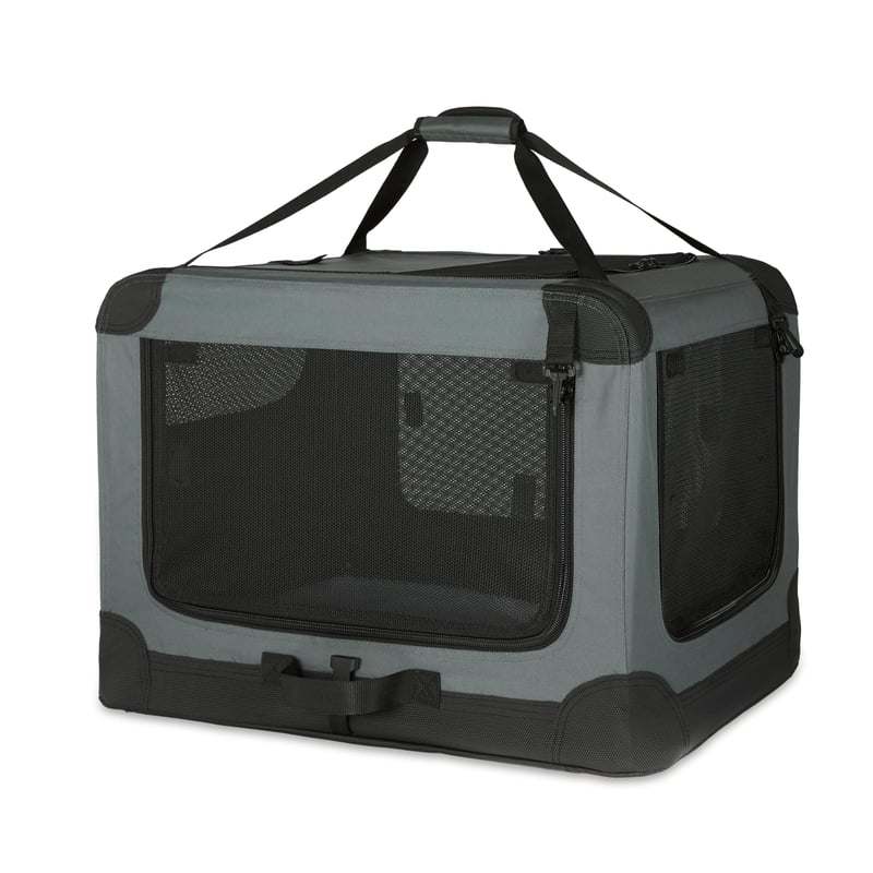 Amazon Basics Összecsukható Utazó Kennel 4 Ajtóval Macskáknak Kutyáknak Nyulaknak Szürke L 91x61x61 cm