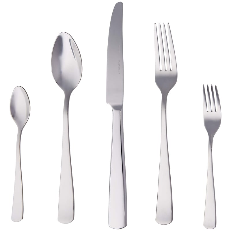 Set de tacâmuri Amazon Basics din oțel inoxidabil cu margine pătrată, 20 piese, pentru 4 persoane, argintiu