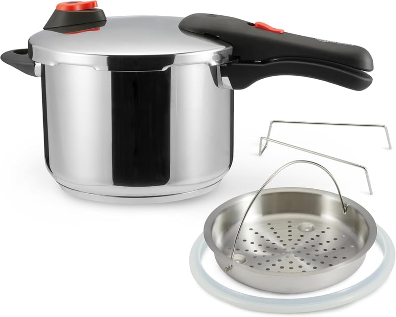 Amazon Basics rozsdamentes acél nyomásfőző gőzöléssel, indukciós, 6 liter, ezüst