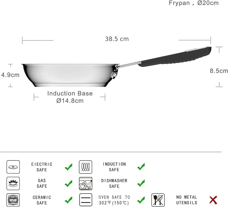 Amazon Basics rozsdamentes acél tapadásmentes serpenyő 20 cm indukciós - 20 cm, Non-stick