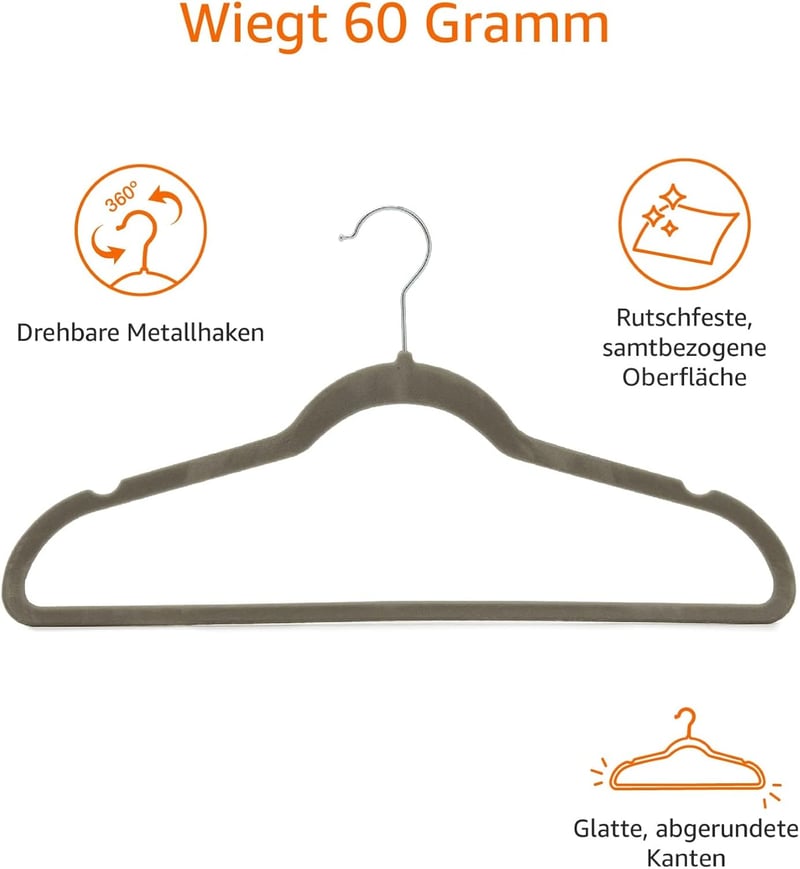 Amazon Basics Ruhaakasztó Öltönyökhöz és Ruhákhoz - Pack of 30, Grey, Without tie clip