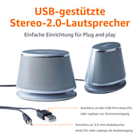 Amazon Basics Stereo 2.0 PC a notebook reproduktory, 3,5 mm AUX vstup, USB napájanie, strieborné 2