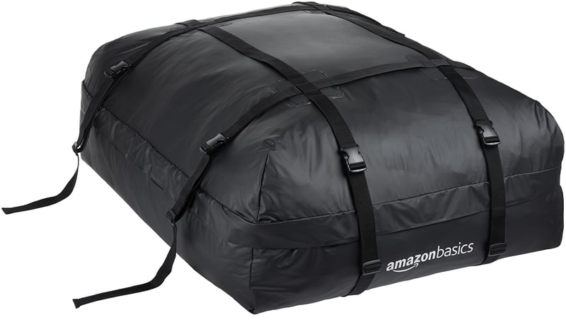 Geantă portbagaj auto Amazon Basics 425L, impermeabilă, pliabilă, pentru vehicule cu bare transversale, 8 chingi de fixare consolidate, negru