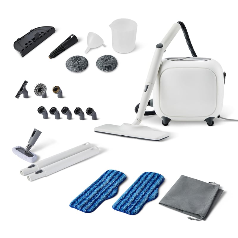 Viacúčelový parný čistič Amazon Basics, 1500 W, 1,5 l nádrž, 22 kusov príslušenstva, biely