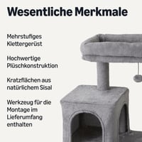 Amazon Basics többszintes macska kaparófa házzal, függőággyal, sisalrampával, függő labdával, 152,7 cm magas, szürke 2
