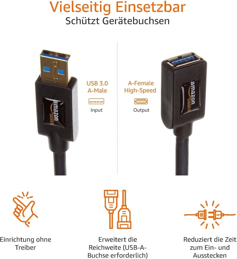 Amazon Basics USB 3.0 A-A hosszabbító kábel 3m fekete, PC kompatibilis - 3 M, Single
