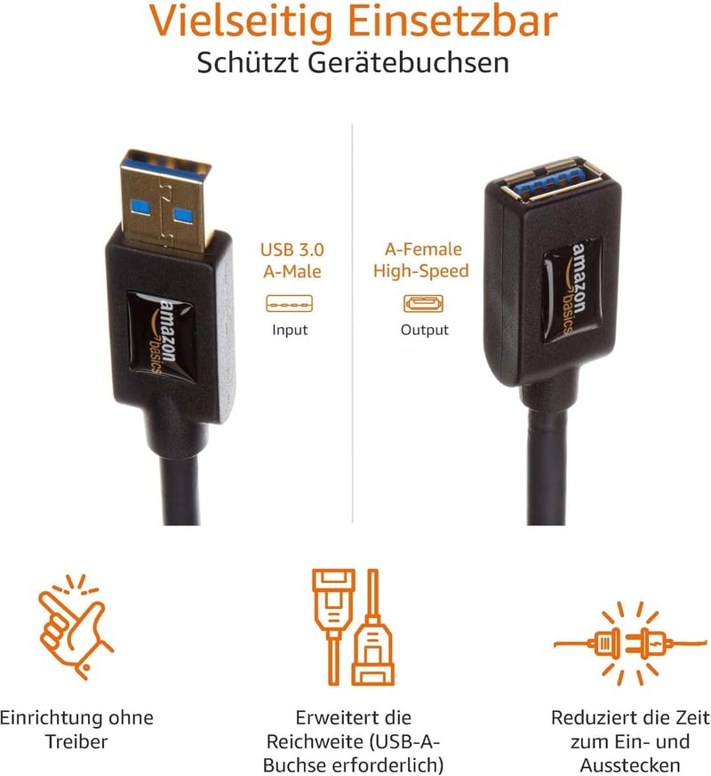 Amazon Basics USB 3.0 A-A hosszabbító kábel 3m fekete, PC kompatibilis - 3 M, Single