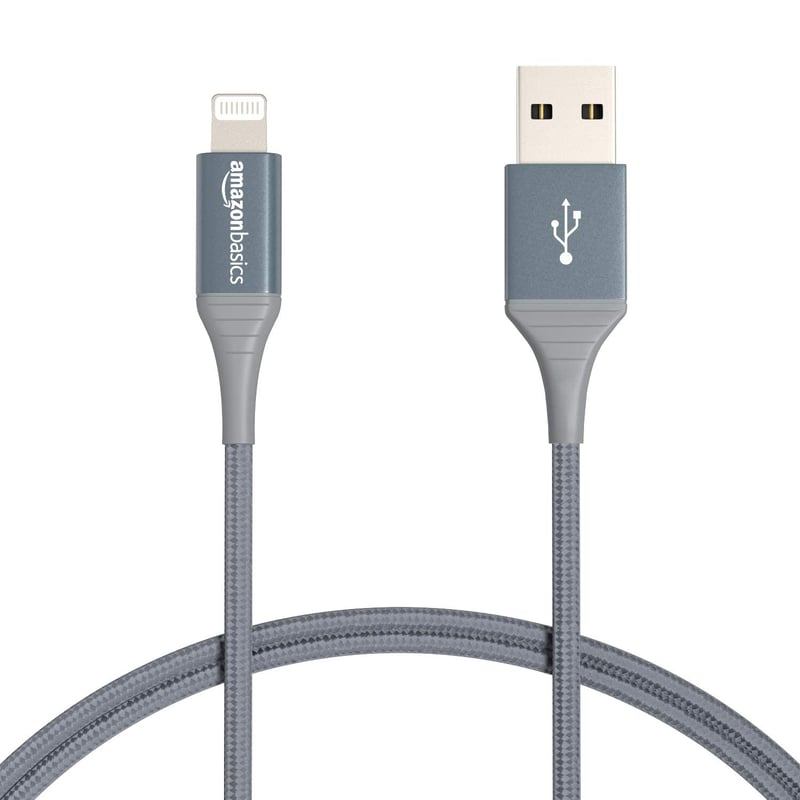 Cablu de încărcare iPhone Amazon Basics USB-A la Lightning, împletit cu nailon dublu, certificat MFi, gri închis, 1,8 m