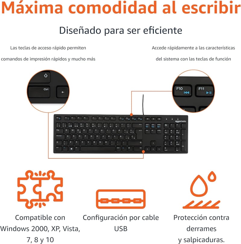 Amazon Basics USB Billentyűzet Vékony Alap Fekete Spanyol Kiosztás