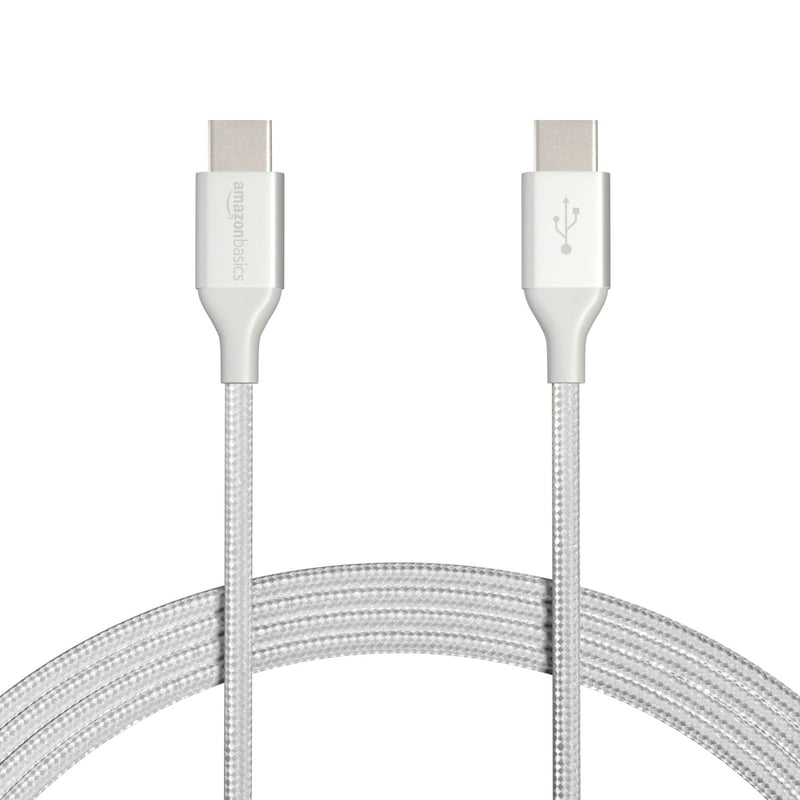 Cablu de încărcare rapidă Amazon Basics USB-C la USB-C 2.0, nailon împletit, 480 Mbps, certificat USB-IF, pentru iPhone 16/15, iPad, Samsung Galaxy, laptop, 3 m, argintiu
