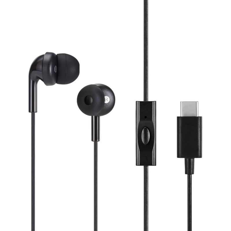 Káblové slúchadlá Amazon Basics USB-C s mikrofónom, čierne, štupľové slúchadlá