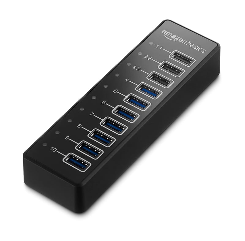 10-portový USB-A 3.1 rozbočovač Amazon Basics so 65W napájacím adaptérom (20V/3,25A) – čierny