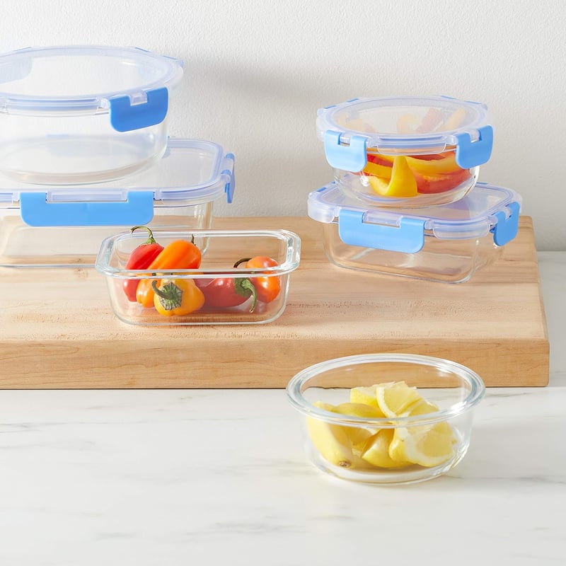 Amazon Basics Üveg Ételtárolóedény 14 Részes Szett Kék Silikongyűrűvel BPA-Mentes - 7-Container Set