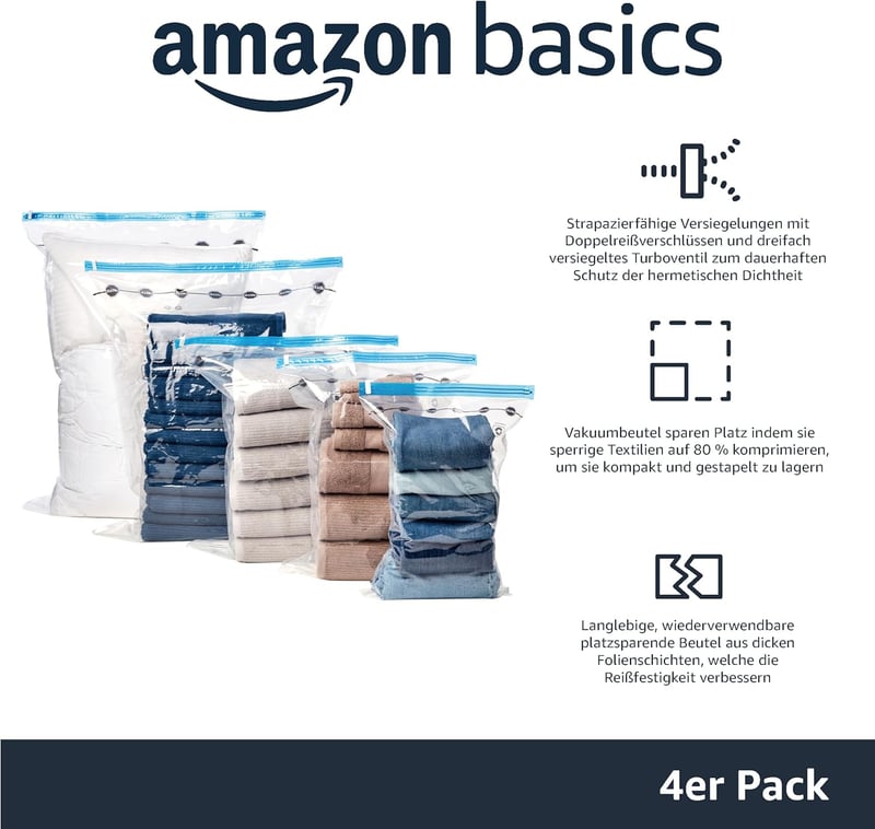 Amazon Basics Vákuum Tárolósákok Kézpumpával, X-Jumbo Méret, 4 db Ruhanemű Tároláshoz - X-Jumbo, Pack of 4