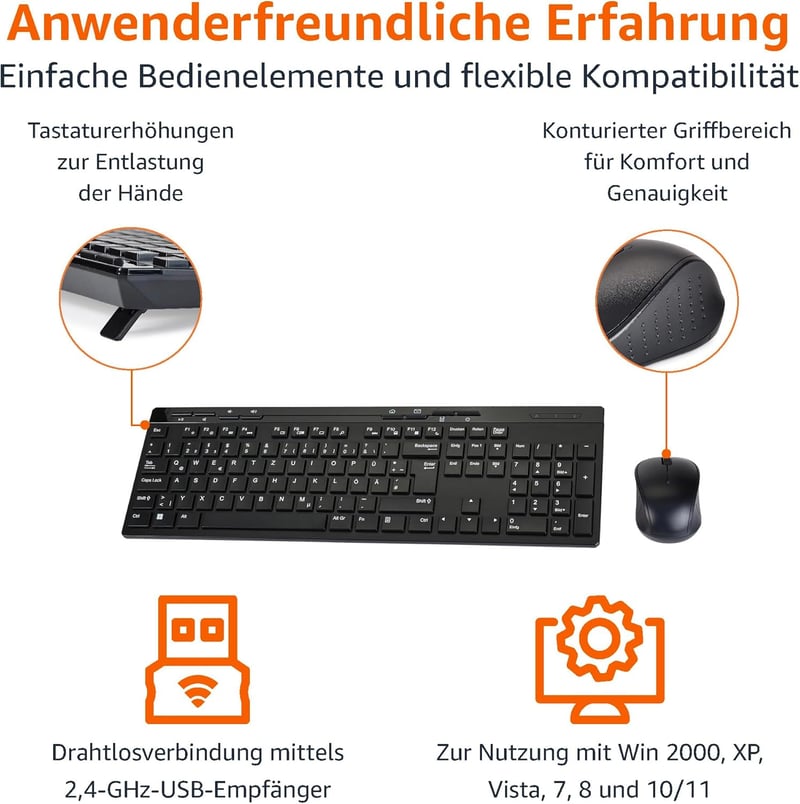 Amazon Basics Vezeték nélküli billentyűzet és egér szett, 2.4GHz, fekete