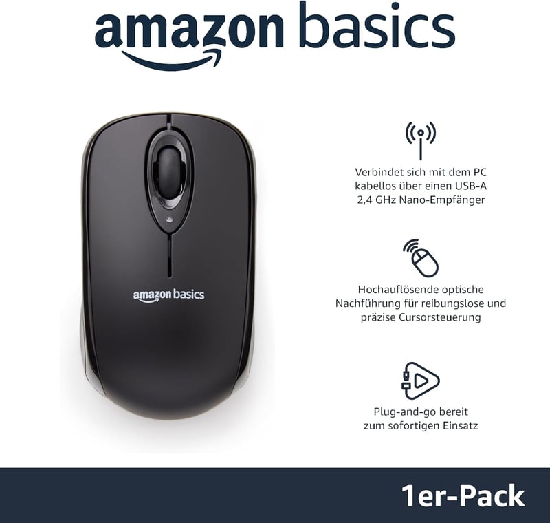 Amazon Basics Vezeték nélküli számítógépes egér USB nano vevővel - black