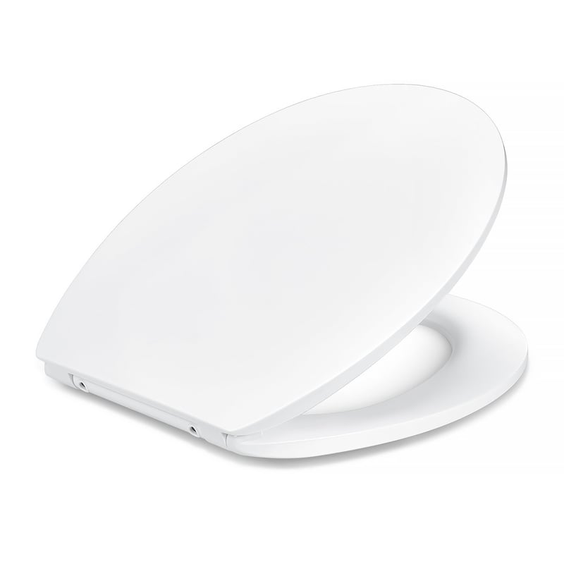 WC sedadlo Amazon Basics, tvar O, funkcia pomalého sklápania Soft Close, rýchloupínacie pánty, univerzálna veľkosť, biele, antistatická močovina a porcelánový povrch