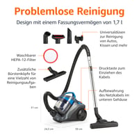 Bezvreckový vysávač Amazon Basics, 1,7 l, kompaktný, ľahký, s univerzálnou hubicou 3 v 1, HEPA filtrom, 850 W, na koberce a tvrdé podlahy, čierno-modrý 2