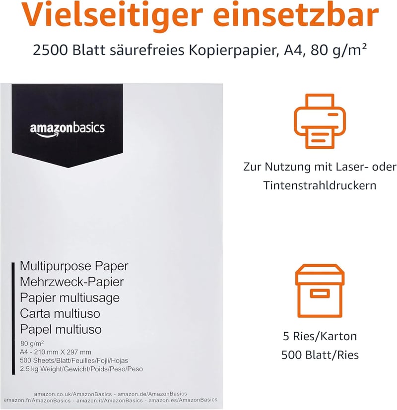 AmazonBasics A4 nyomtatópapír 80g/m² 2500 lap fehér - 5 Packungen | 2.500 Blatt
